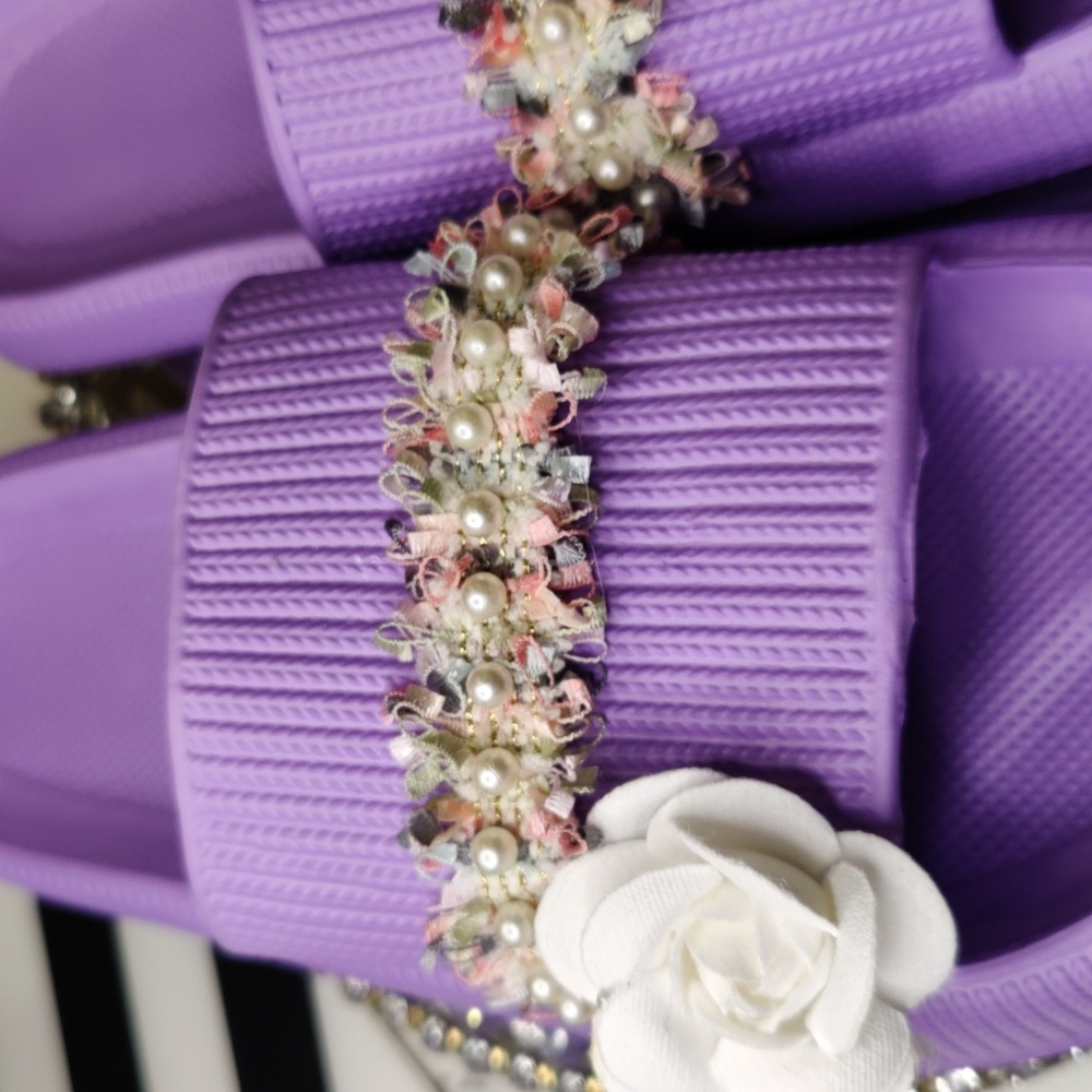 Purple Tweed Pearl Camilla Flower Slides - Picture 3 of 7